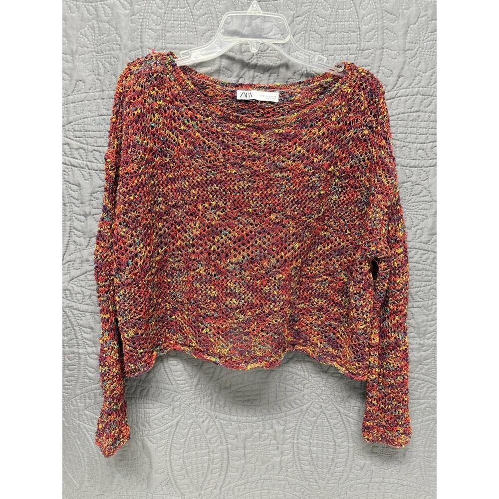 Zara Women’s Cropped Open Knit Sweater M Multi Color Boho Hippie‎ Light